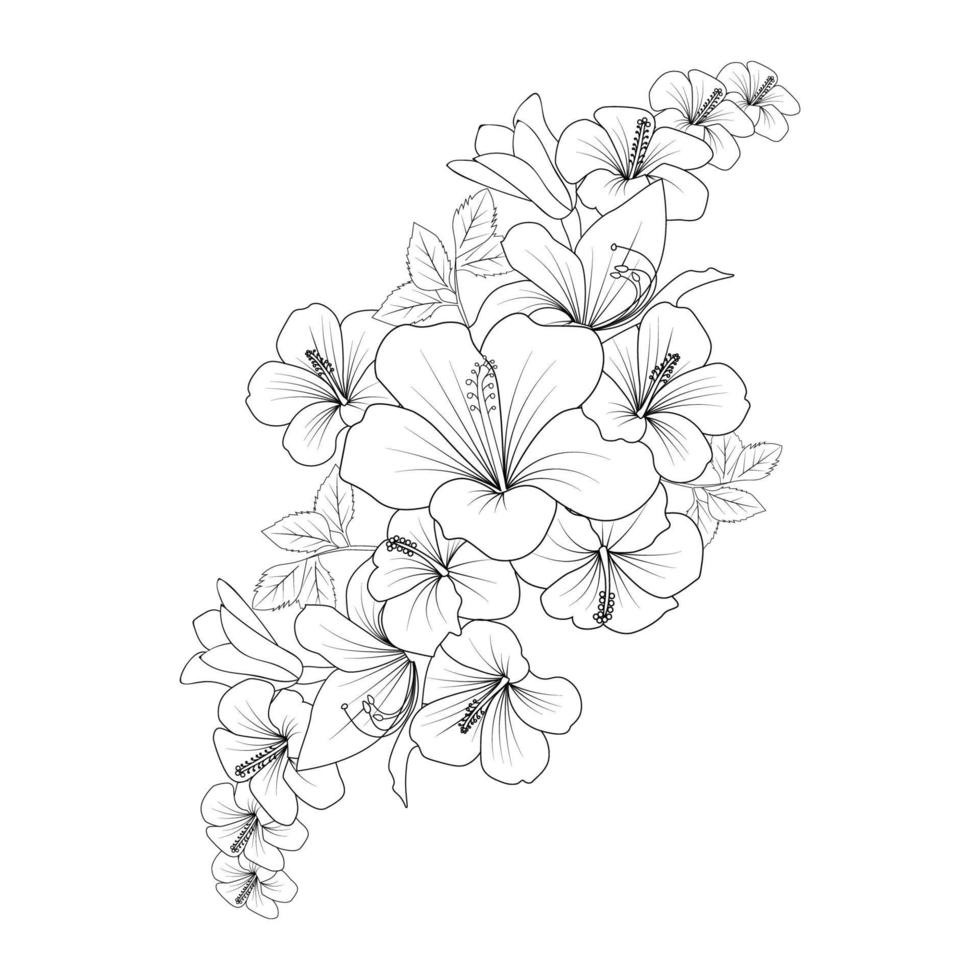 ilustração de página de coloração de doodle de flor rosa da china com traço de arte de linha vetor