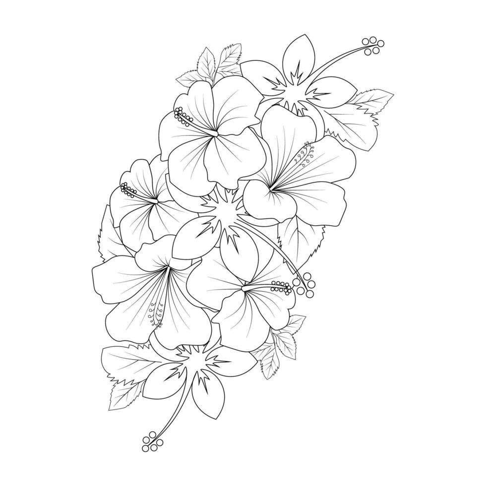 desenho de linha de página de coloração de flor de hibisco vermelho com modelo de impressão para criança e adulto vetor