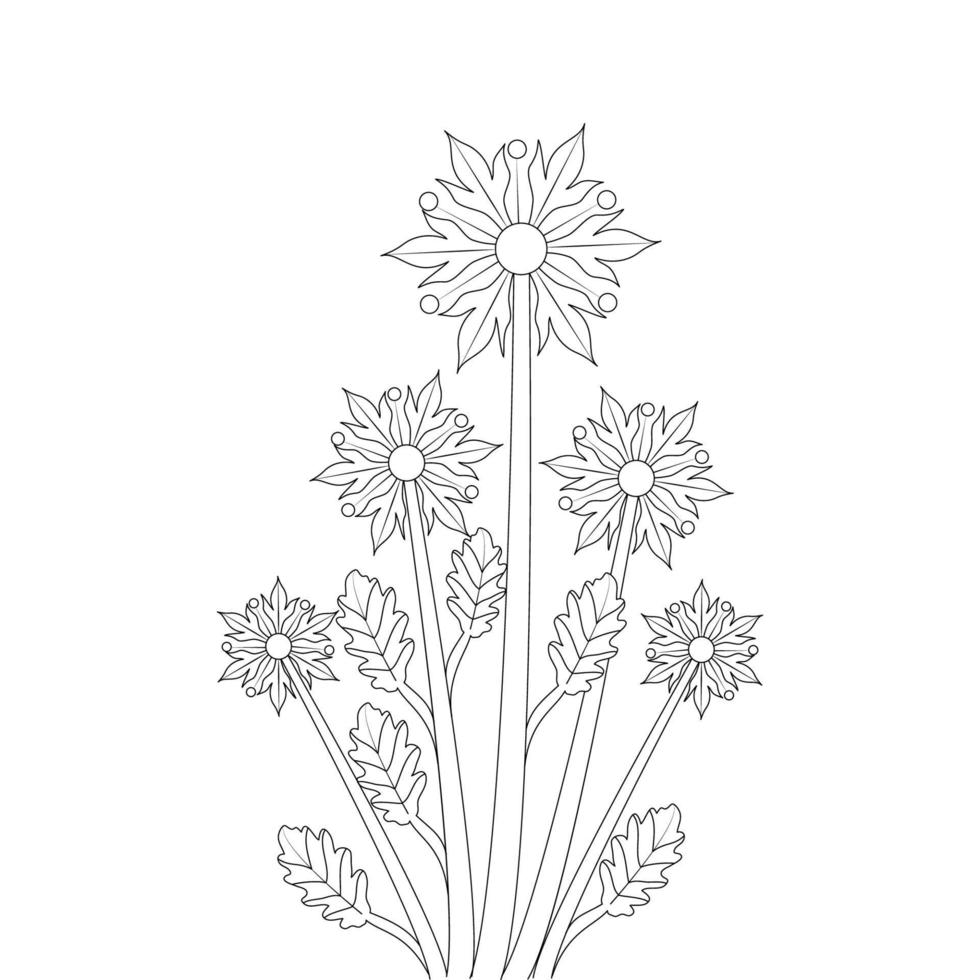 design de flores vetoriais com arte de linha preta de traçado florescendo floreio desenho de mão vetor