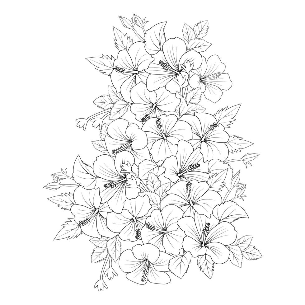 desenho de linha de página de coloração de flor de hibisco vermelho com modelo de impressão para criança e adulto vetor