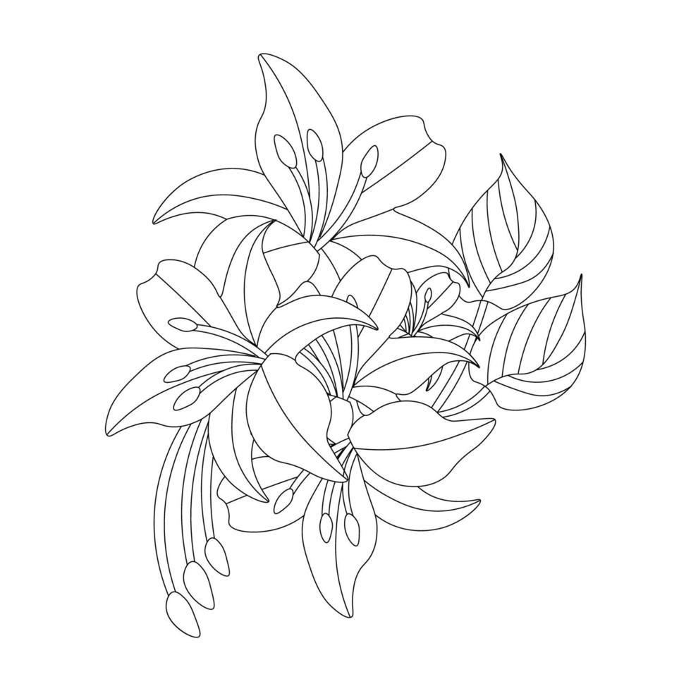 flor doodle com desenho de arte de linha de folhas da página do livro para colorir vetor