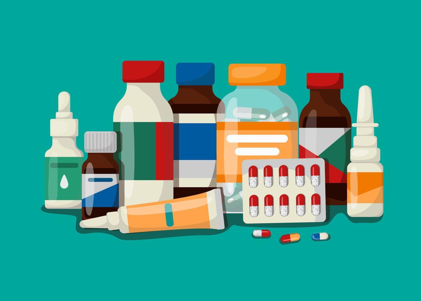 medicina, conceito de farmácia. frascos, tubos e comprimidos médicos. vetor