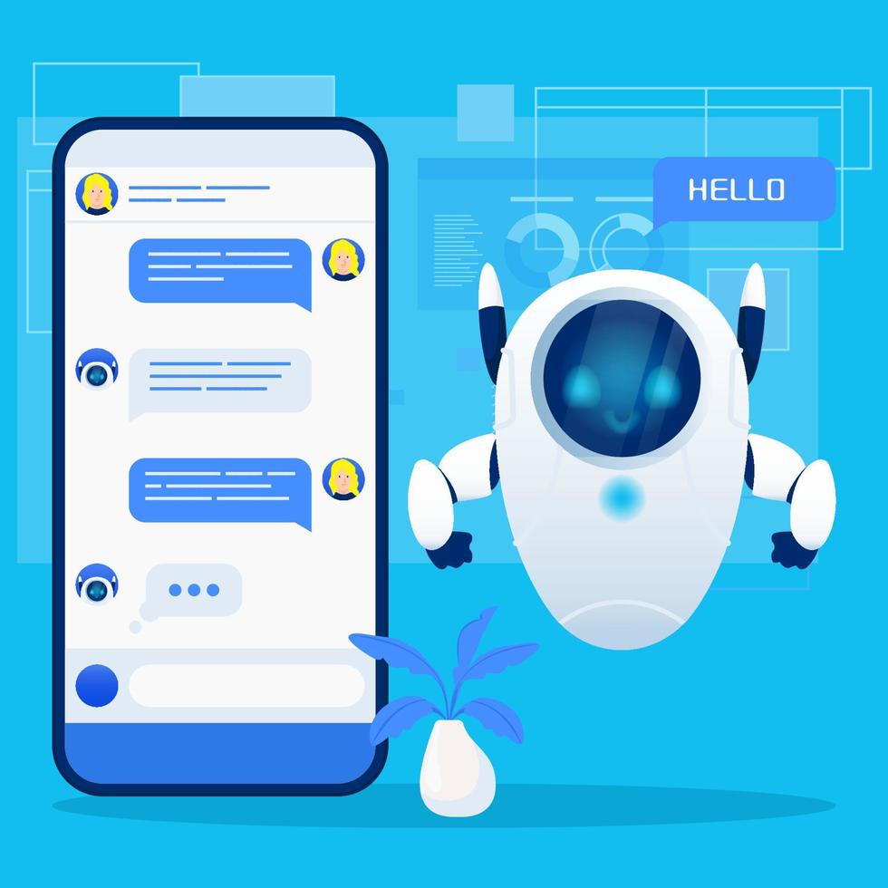 robô de bate-papo fofo, chatbot, mascote de personagem com smartphone em fundo azul vetor