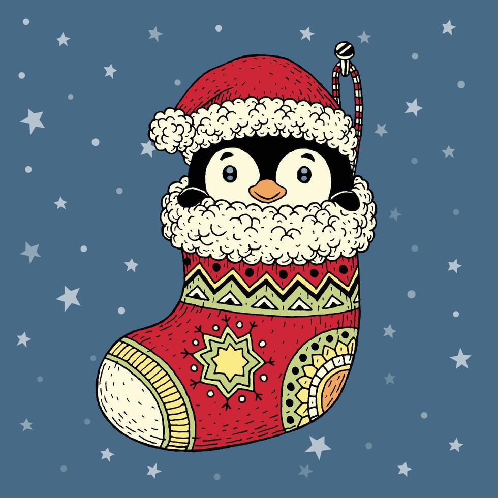 pinguim dentro de meia natal, desenhado à mão vetor