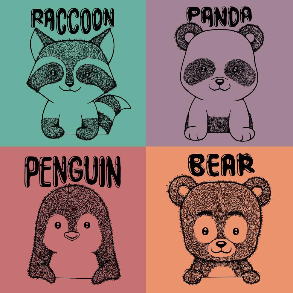 coleção de animais desenhados à mão, panda, guaxinim, pinguim e urso vetor