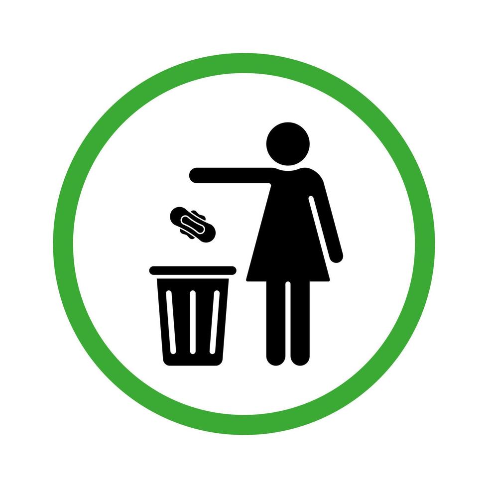 mulher, por favor, só jogue lixo no ícone da silhueta da lixeira. permitido jogar guardanapo, papel, almofadas, toalha no símbolo da cesta de lixo. pictograma de glifo. mantenha o ícone limpo. ilustração vetorial isolado. vetor