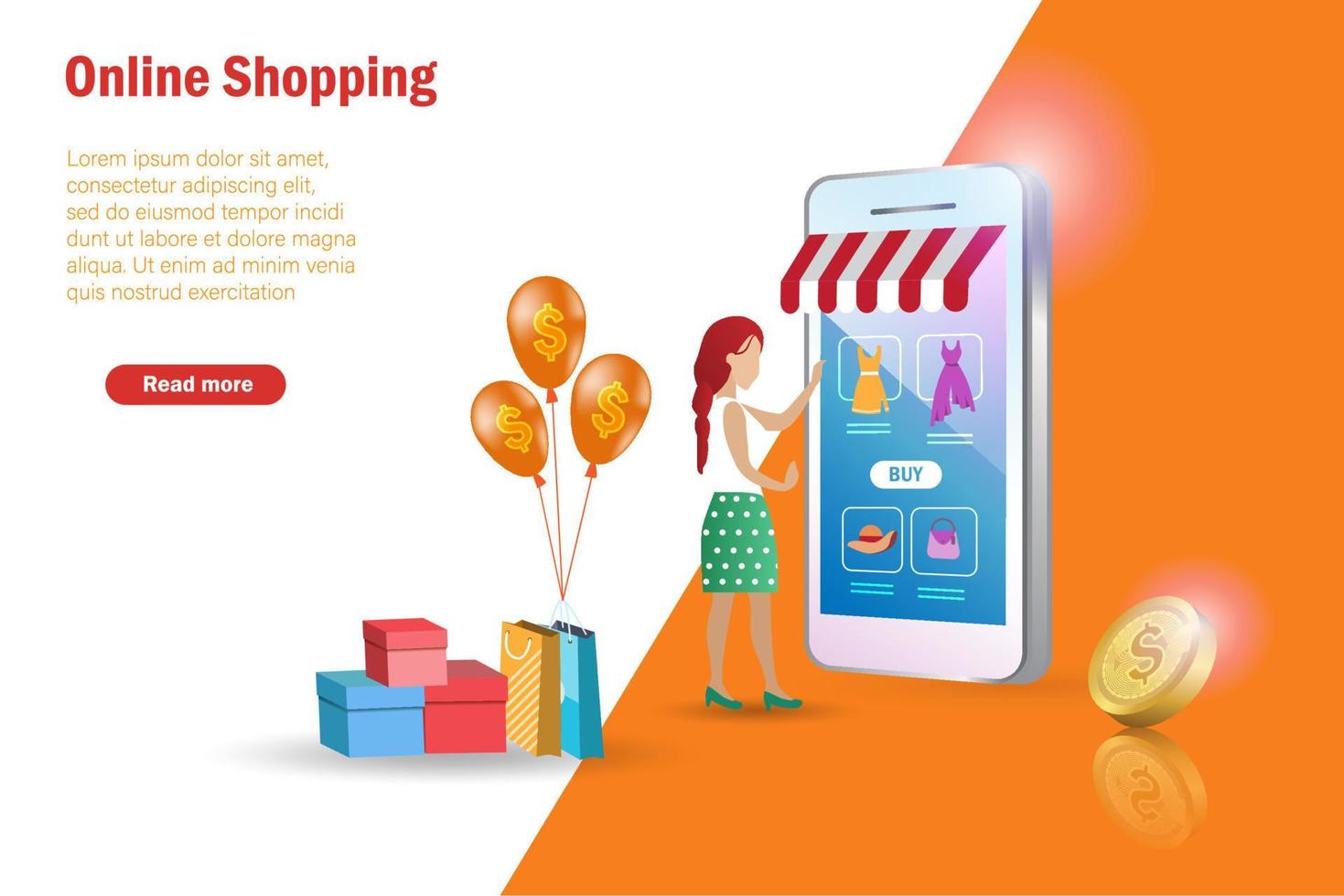 mulher compras on-line no smartphone com sacola de compras e caixa de papelão. modelo, banner, pôster para promoção na loja online, comércio eletrônico. isolado em fundo laranja. vetor