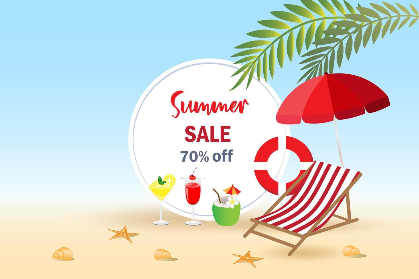 promoção de desconto de vendas de verão na praia. compras on-line, banner de campanha de marketing, modelo da web e publicidade. vetor