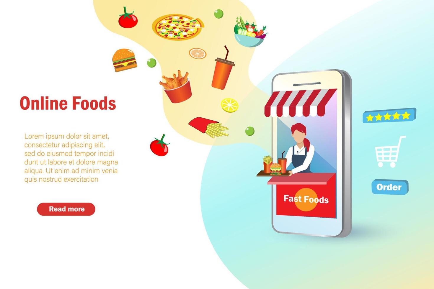 conceito de entrega de comida online. mulher vende fast foods na tenda de cabine móvel de smartphone. modelo de serviço de pedidos de comida, plataforma, banner para publicidade de comida online. vetor