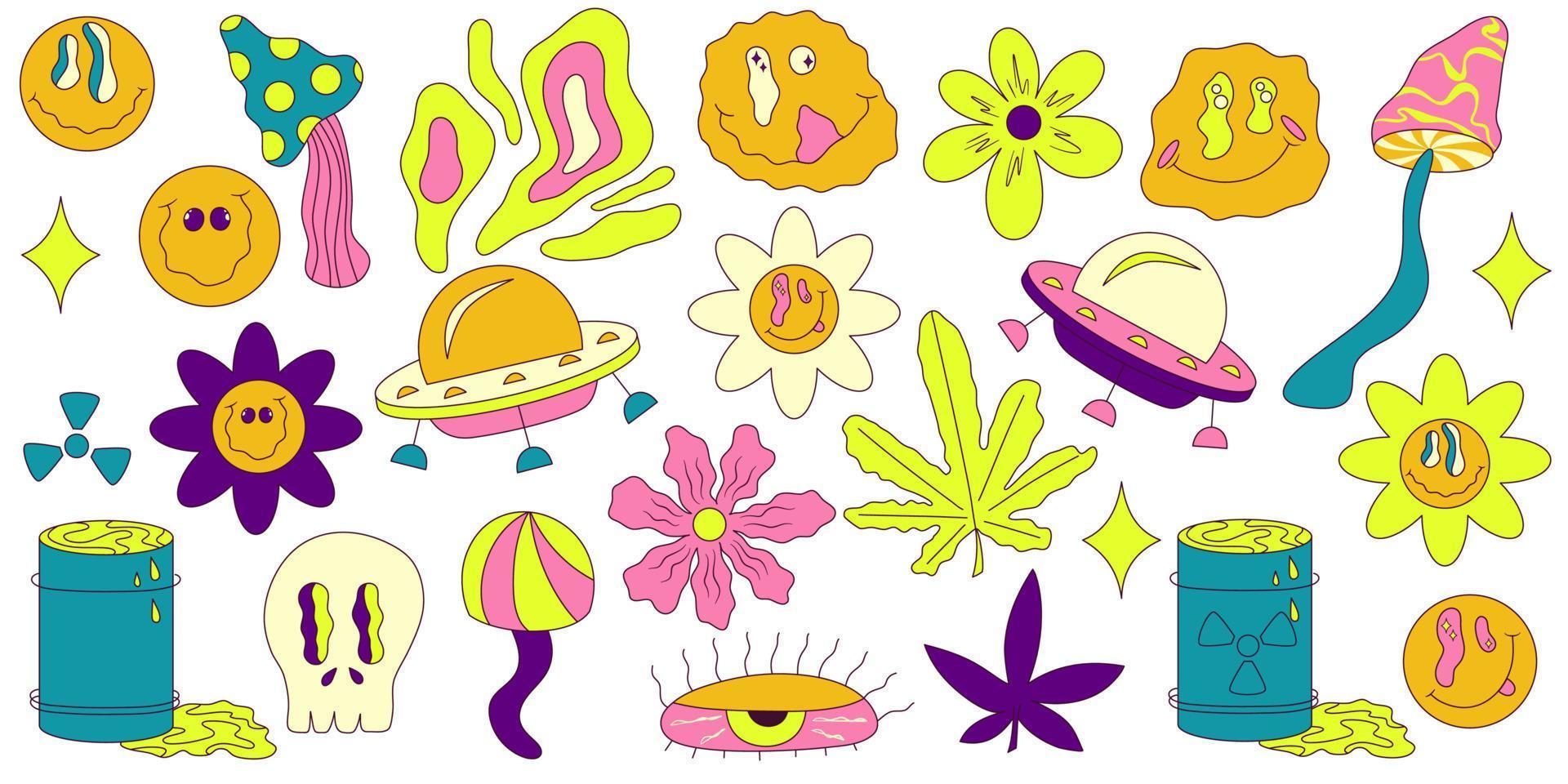 retro ácido trippy conjunto estilo hippie. conjunto de elementos de hippie y2k vector. elementos de clipart retro groovy divertidos. clipart de flores de verão. sorriso trippy na moda. margarida, cannabis e ufo cor brilhante vetor