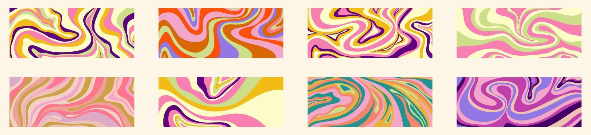 fundo de onda psicodélica grioovy definido para design de banner. padrão psicodélico dos anos 60 e 70 retrô. design abstrato retrô onda moderna. arco-íris dos anos 60, 70, vetor hippie