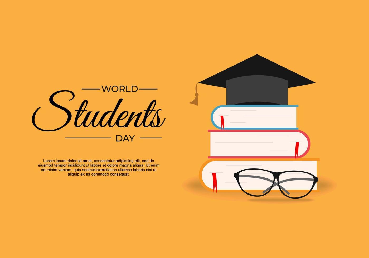 dia internacional do estudante mundial com livros, óculos e chapéu de formatura vetor