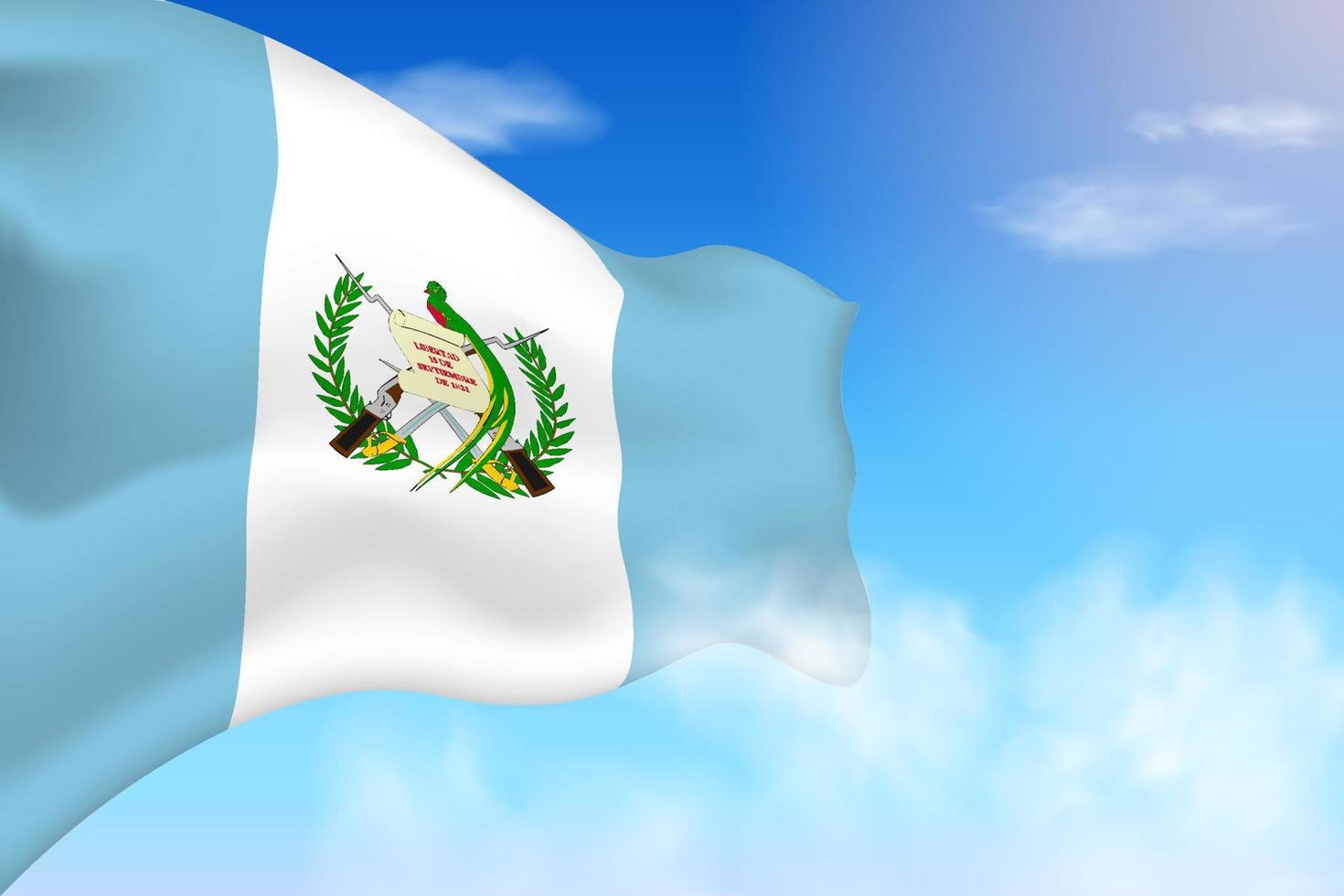 bandeira da guatemala nas nuvens. bandeira vetorial acenando no céu. ilustração de bandeira realista do dia nacional. vetor de céu azul.