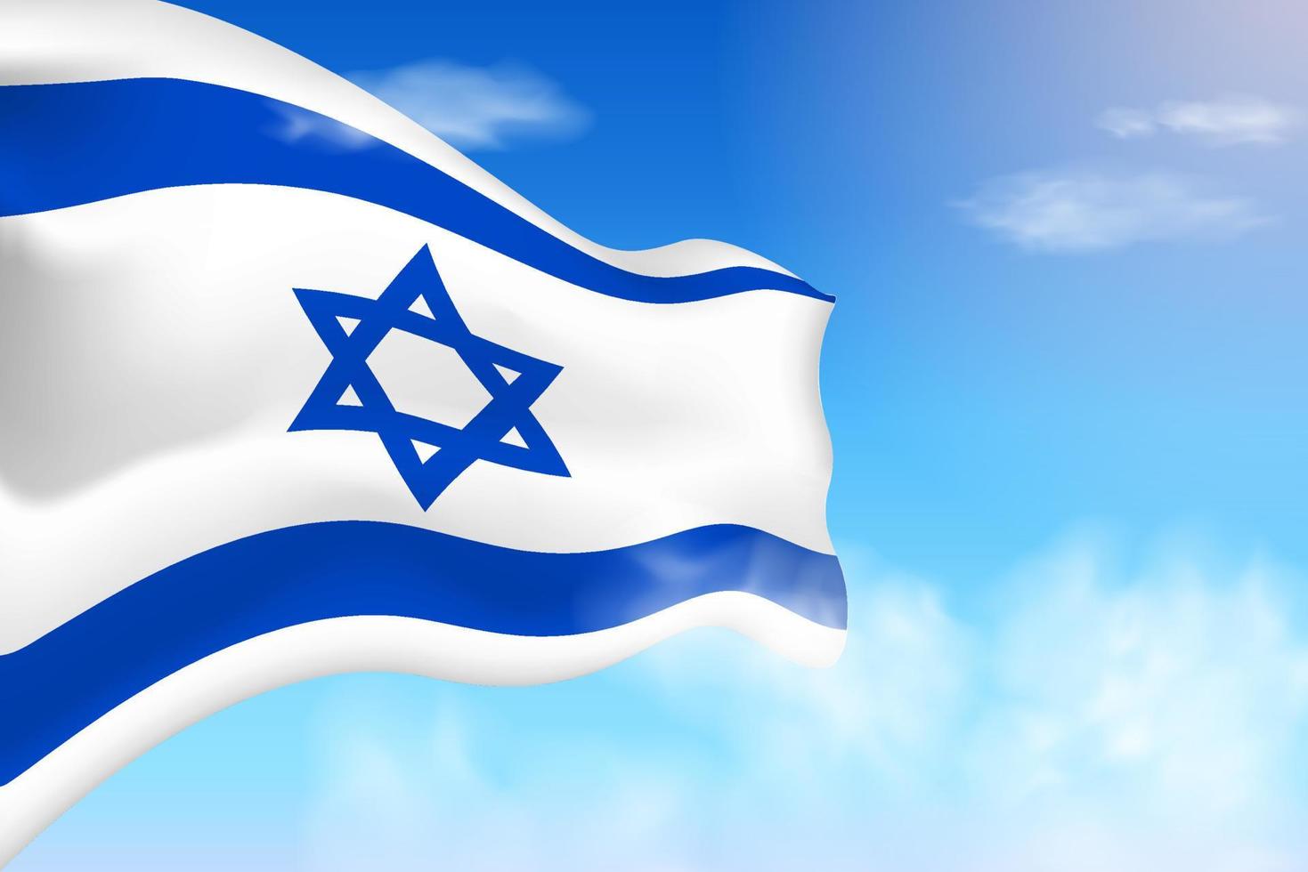 bandeira de israel nas nuvens. bandeira vetorial acenando no céu. ilustração de bandeira realista do dia nacional. vetor de céu azul.