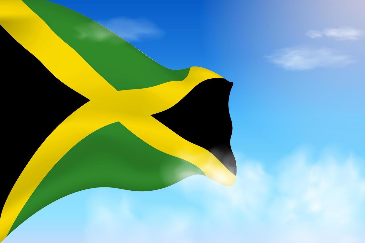 bandeira da jamaicana nas nuvens. bandeira vetorial acenando no céu. ilustração de bandeira realista do dia nacional. vetor de céu azul.