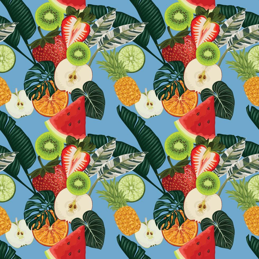 vetor de design sem costura tropical de frutas de verão em fundo azul
