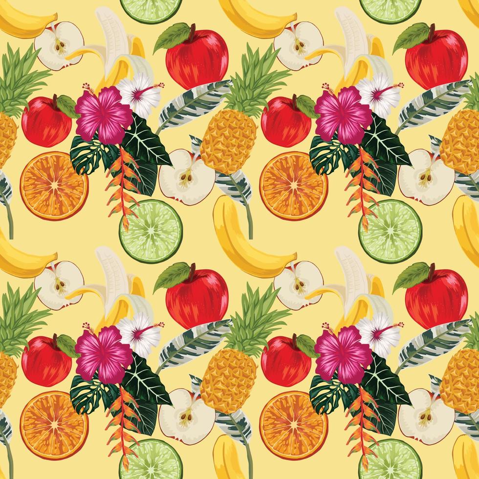 vetor de design sem costura tropical de frutas de verão em fundo amarelo