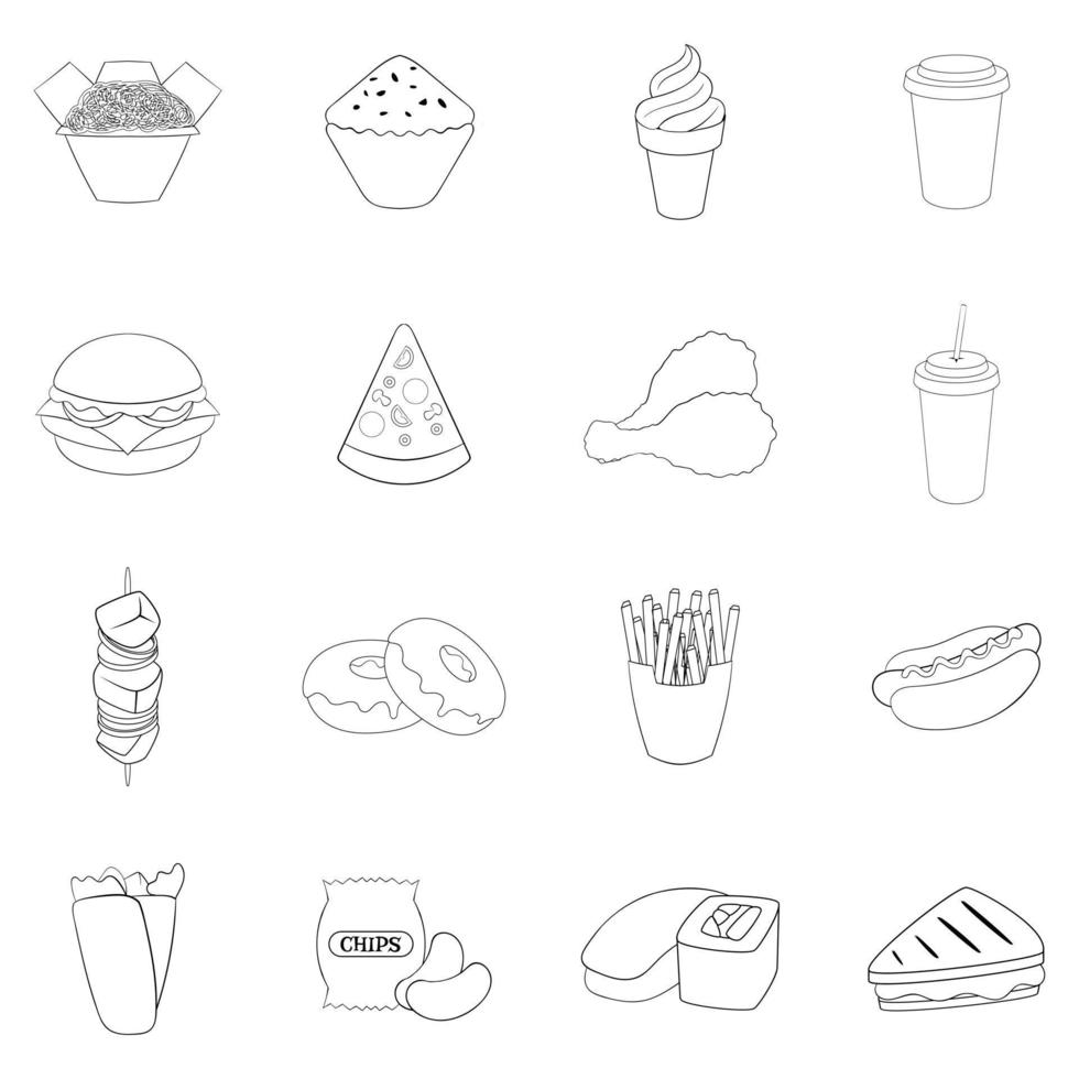 contorno do conjunto de ícones de fast food vetor