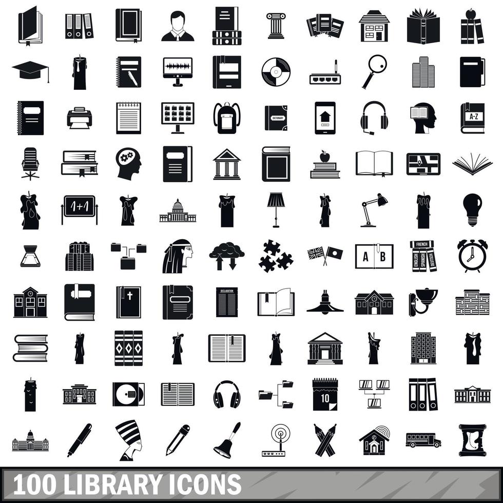 Conjunto de 100 ícones de biblioteca, estilo simples vetor