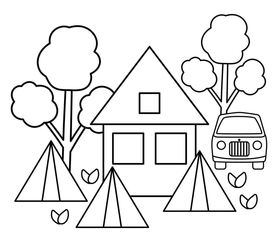 acampamento de verão cena preto e branco com casa, barraca, van, floresta. ilustração vetorial de fogueira. feriados ativos ou design de contorno de paisagem de floresta de turismo local para cartões postais, impressões, infográficos. vetor