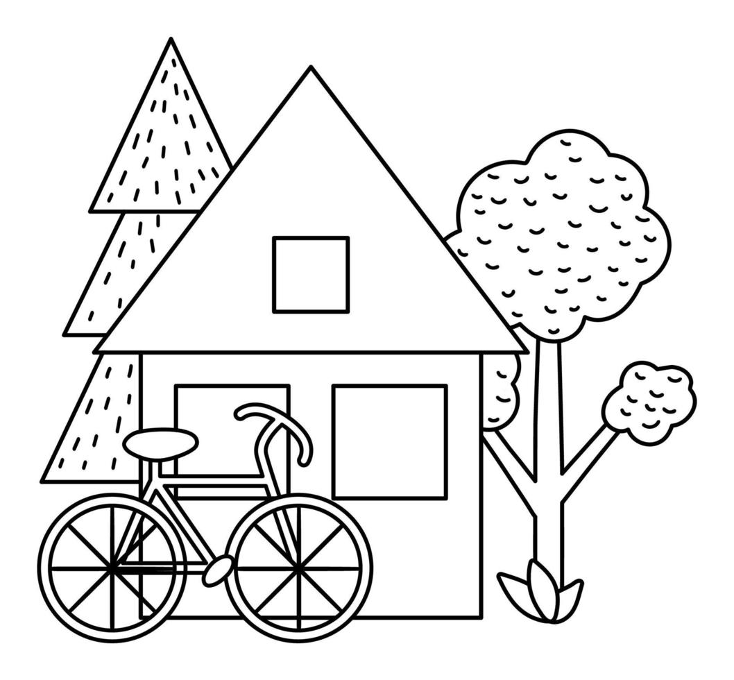 acampamento de verão cena preto e branco com casa, árvores, bicicleta. ilustração de fogueira de contorno de vetor. feriados ativos ou design de paisagem de floresta de turismo local para cartões postais, gravuras, infográficos. vetor