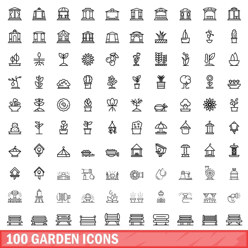 conjunto de 100 ícones de jardim, estilo de contorno vetor