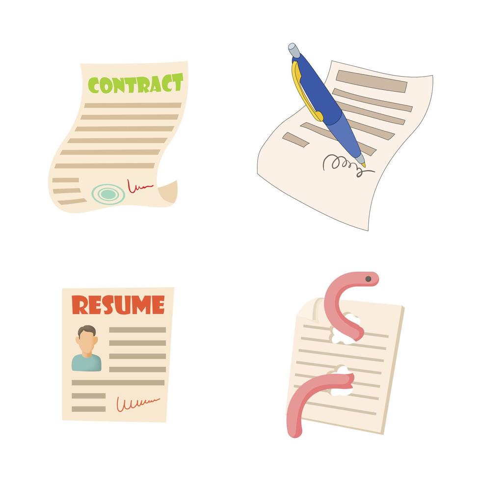 conjunto de ícones de papel de contrato, estilo cartoon vetor