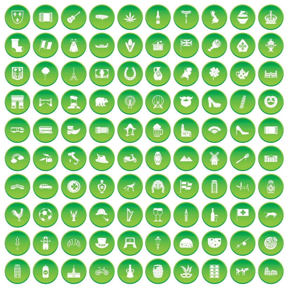 100 ícones da europa definir círculo verde vetor