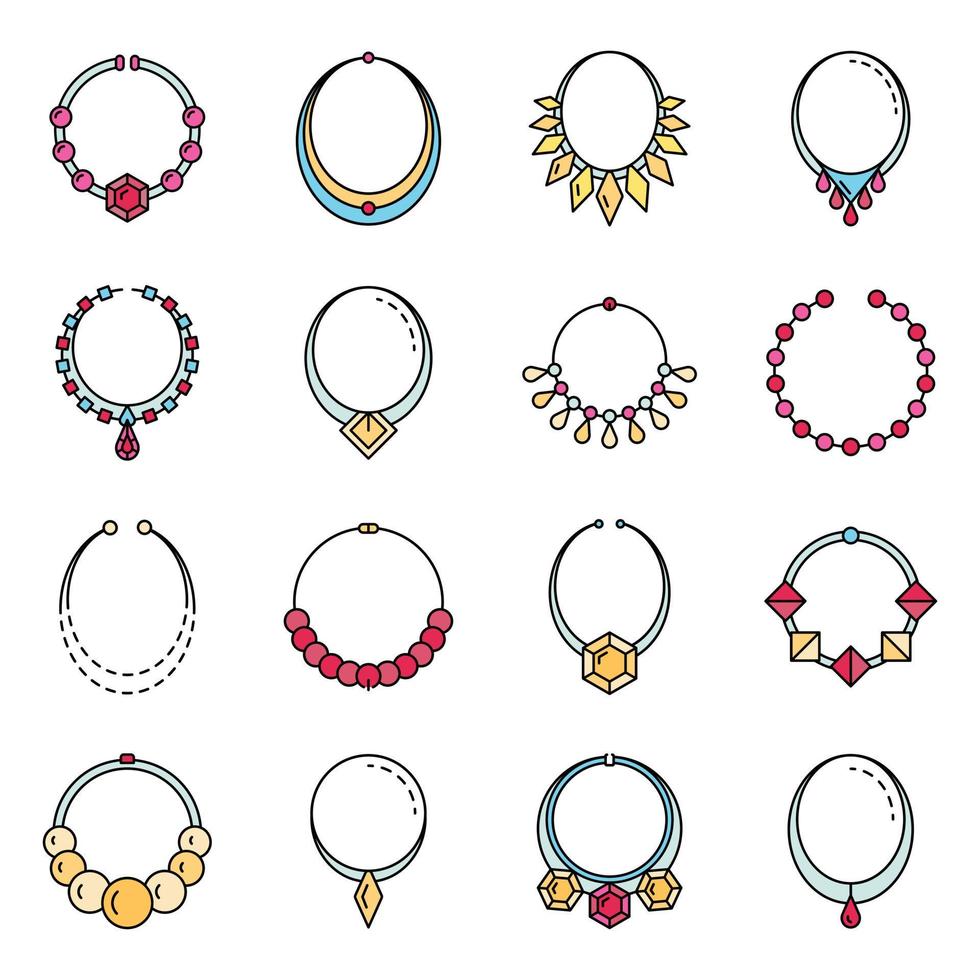 vetor de cor de linha de conjunto de ícones de joias de colar