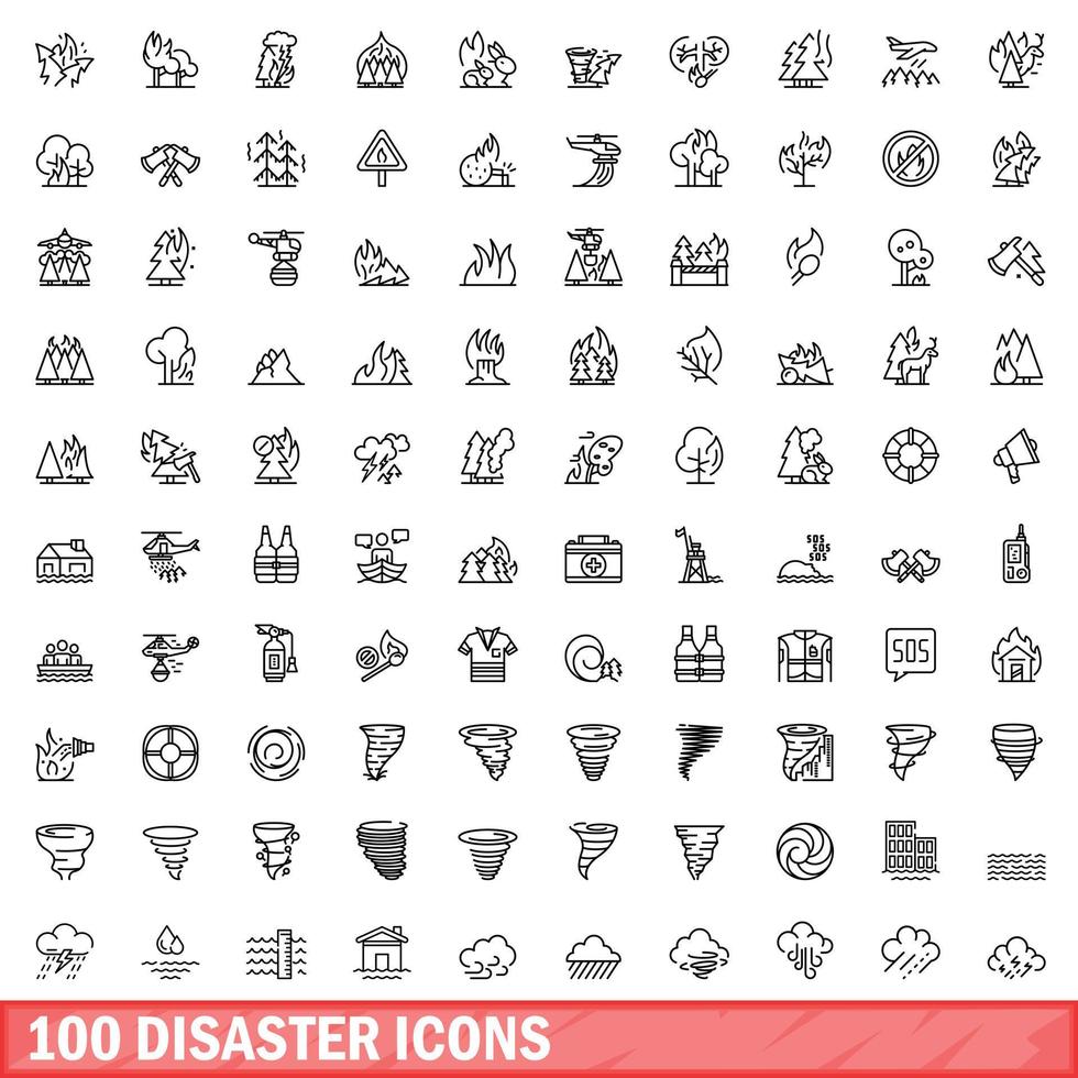 conjunto de 100 ícones de desastres, estilo de estrutura de tópicos vetor