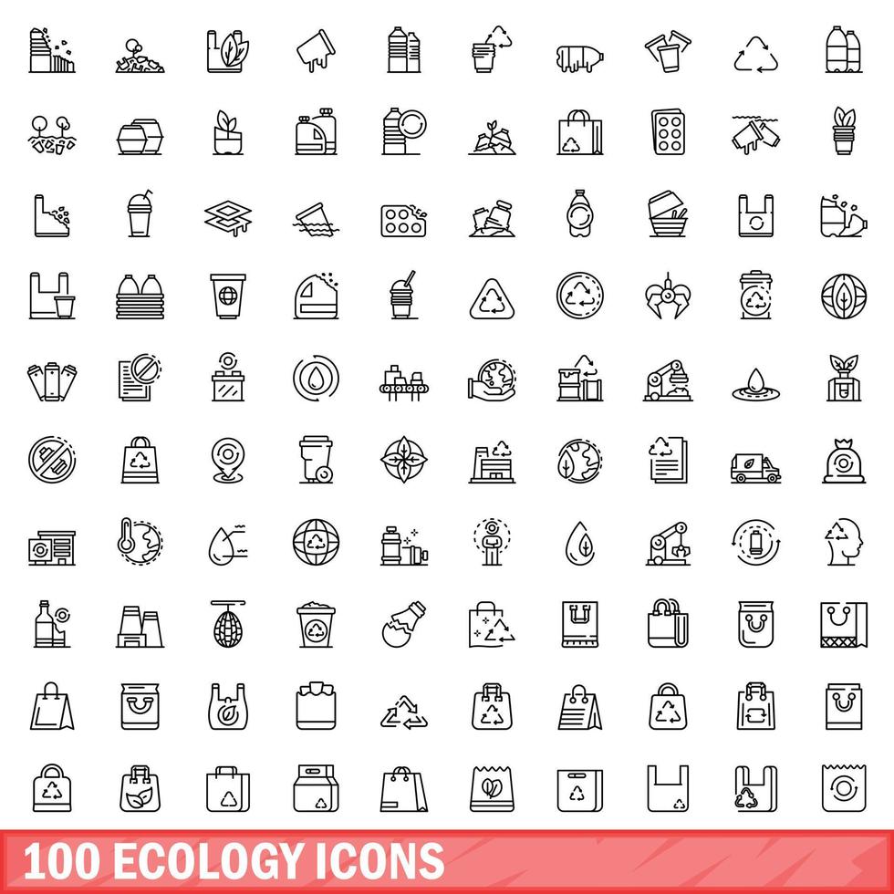 conjunto de 100 ícones de ecologia, estilo de contorno vetor