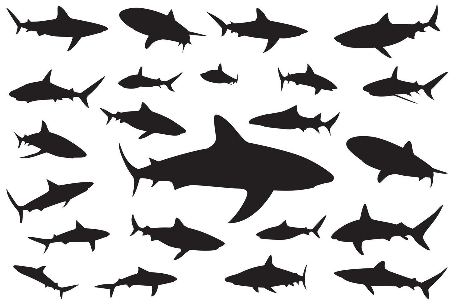 silhueta de tubarão, conjunto de tubarões. coleção de silhuetas de peixes marinhos nadadores predatórios vetor