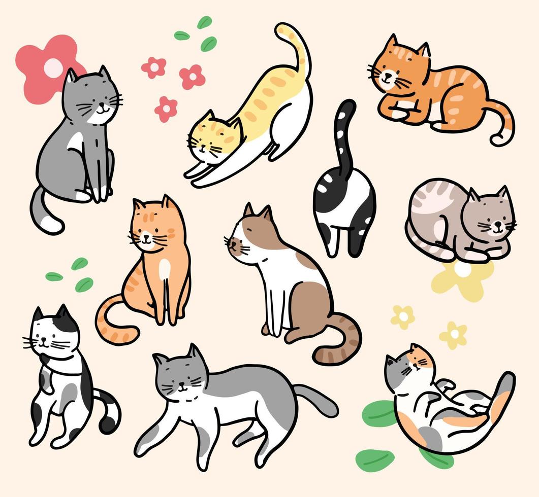 design de personagens de gatos fofos com vetor de flores