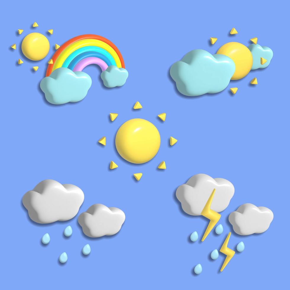 conjunto de ícones do tempo 3d, sol, nuvem, chuva e vetor de arco-íris