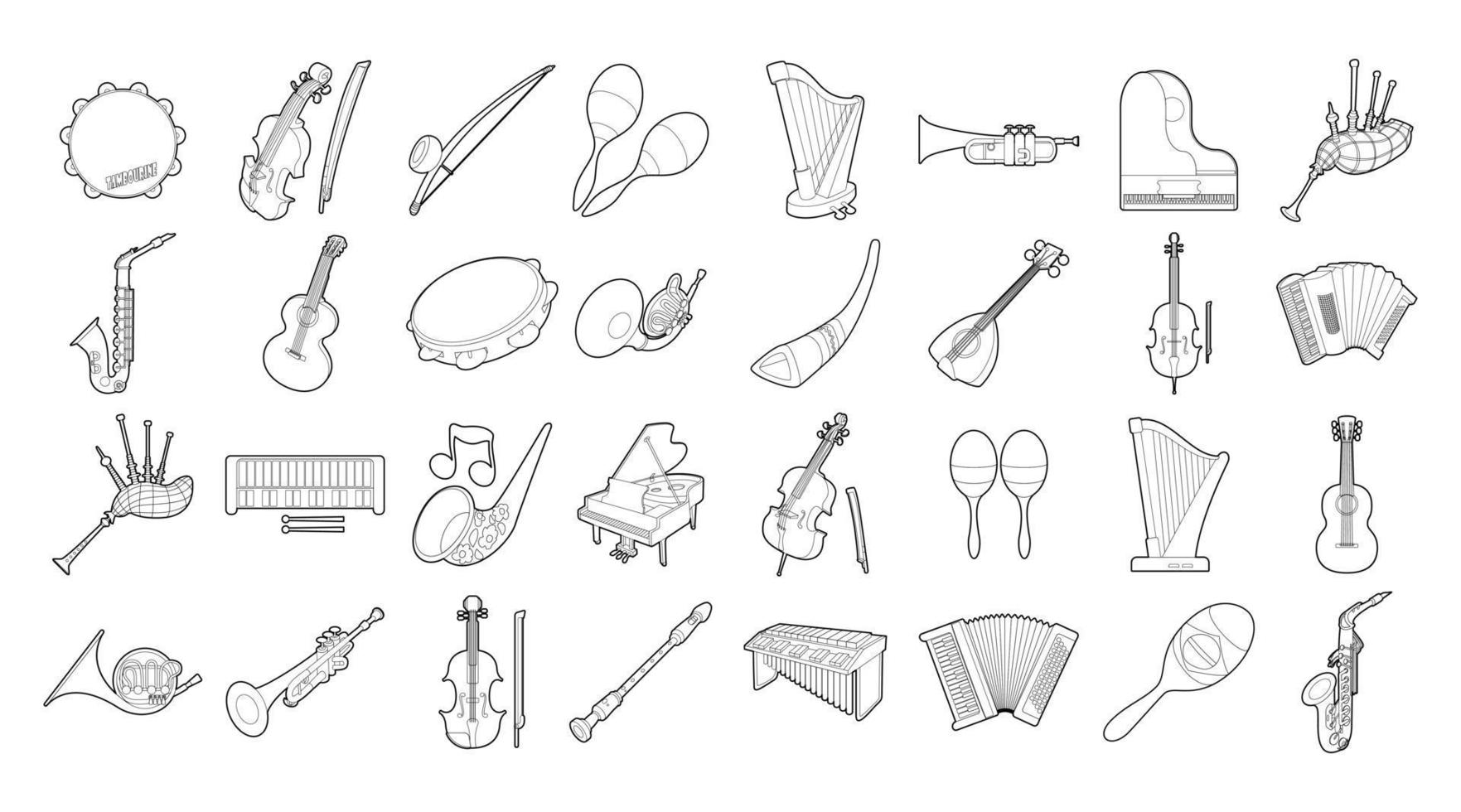 conjunto de ícones de instrumentos musicais, estilo de estrutura de tópicos vetor