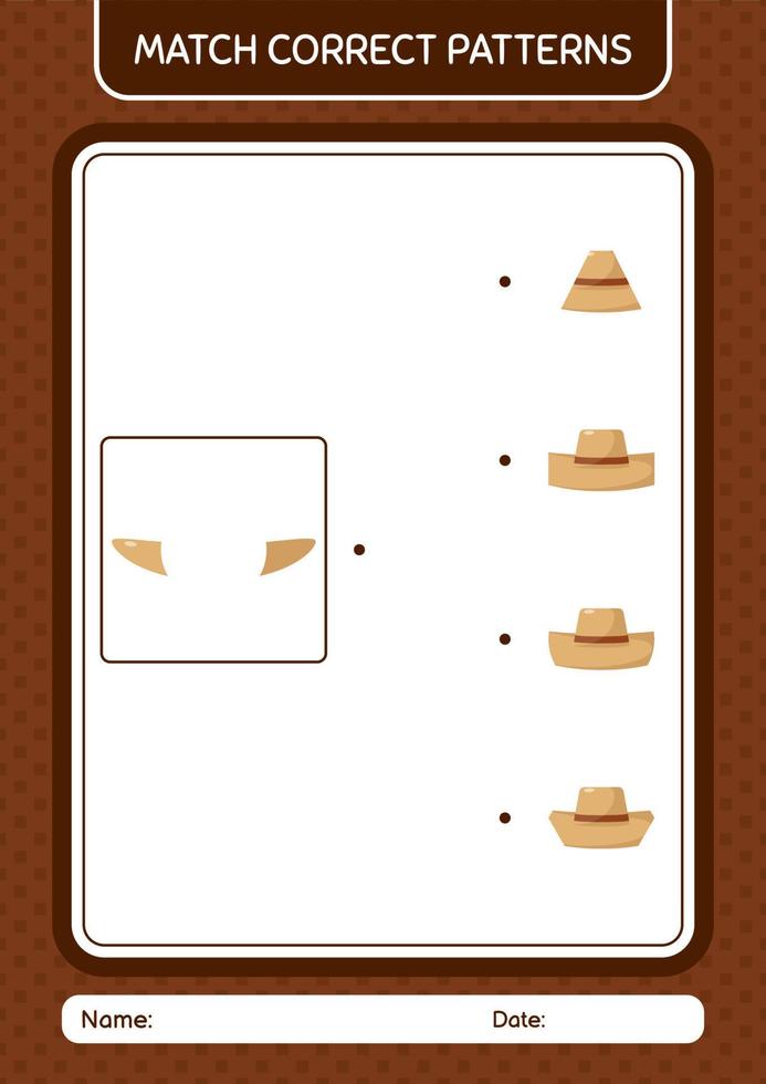 jogo padrão de correspondência com chapéu de palha. planilha para crianças pré-escolares, folha de atividades para crianças vetor