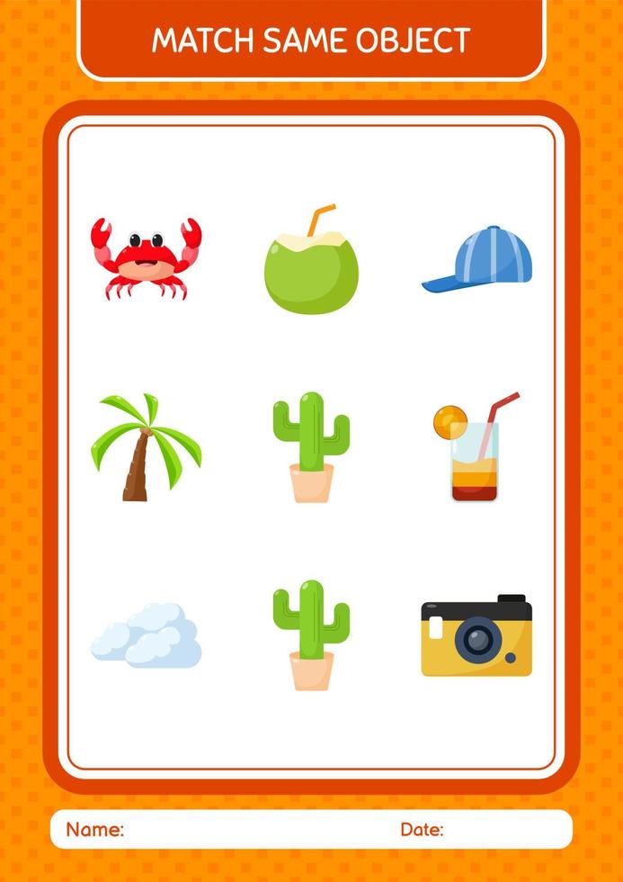 combinar com o mesmo ícone de verão do jogo de objetos. planilha para crianças pré-escolares, folha de atividades para crianças vetor