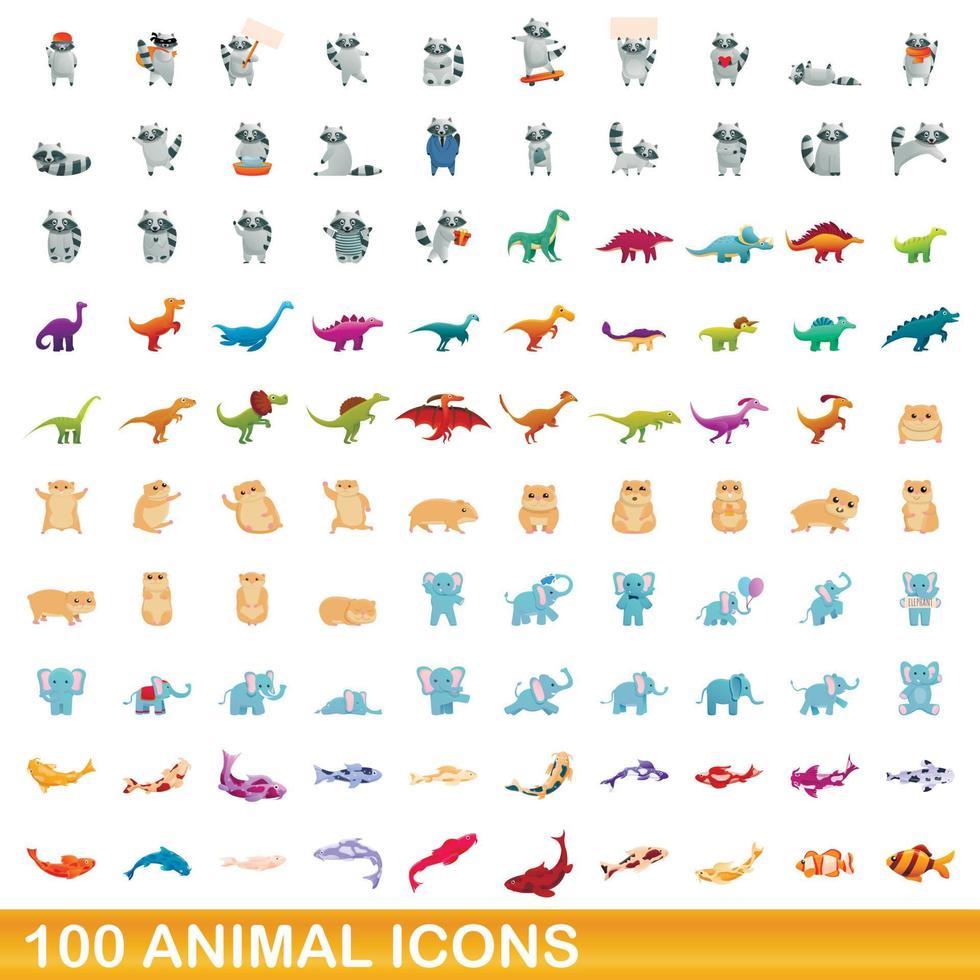 conjunto de 100 ícones de animais, estilo cartoon vetor