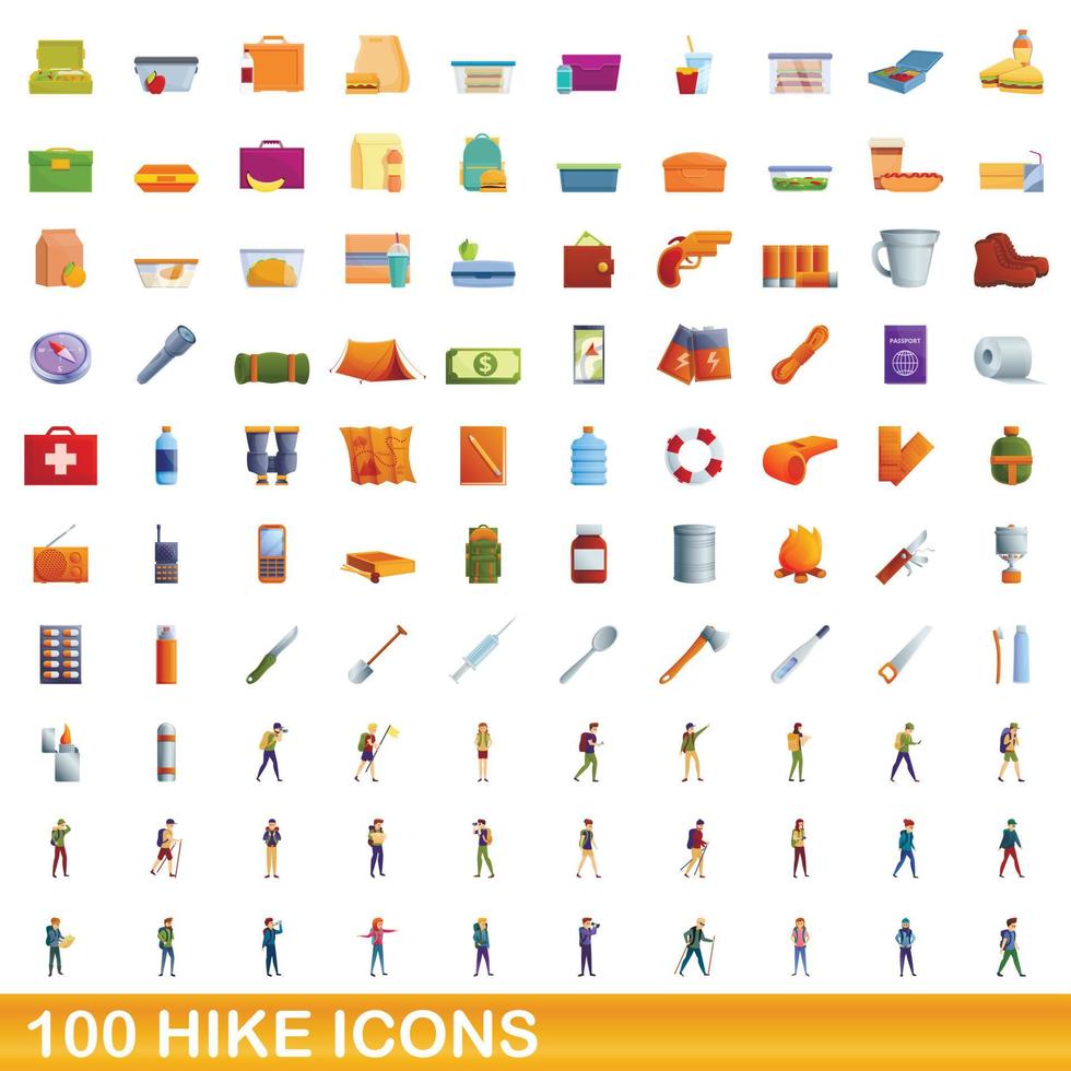 conjunto de 100 ícones de caminhada, estilo cartoon vetor