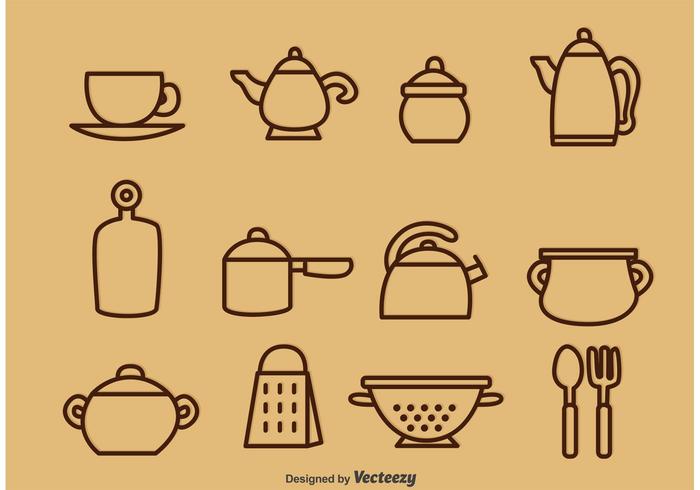 Ícones ilustrados do vetor do utensílio da cozinha do vintage