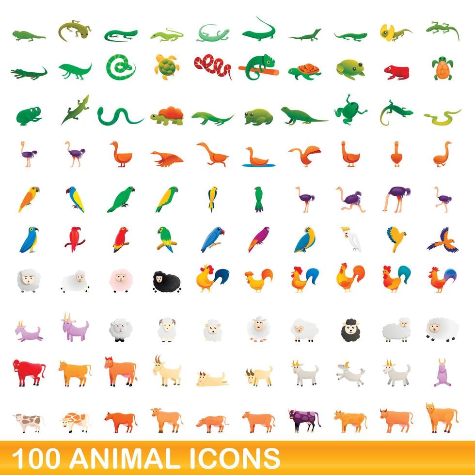 conjunto de 100 ícones de animais, estilo cartoon vetor