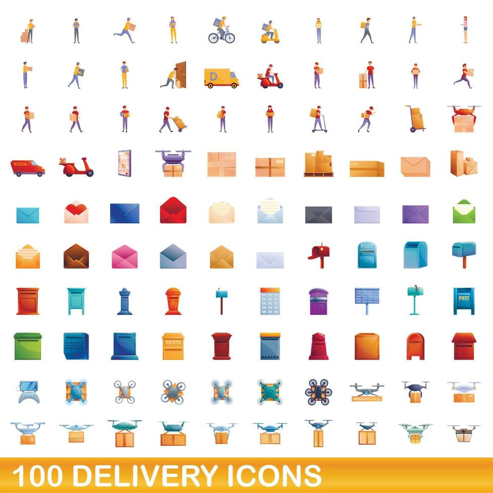 conjunto de 100 ícones de entrega, estilo cartoon vetor