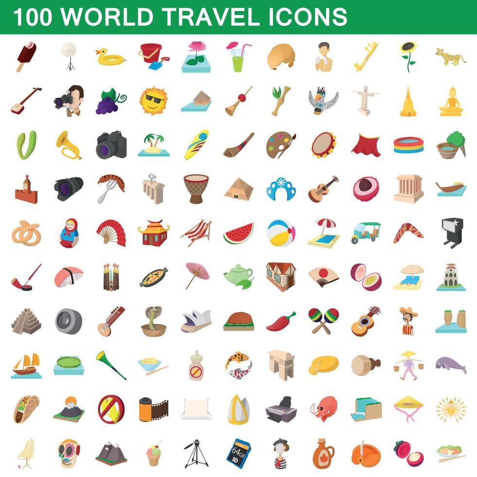 Conjunto de 100 ícones de viagens pelo mundo, estilo cartoon vetor