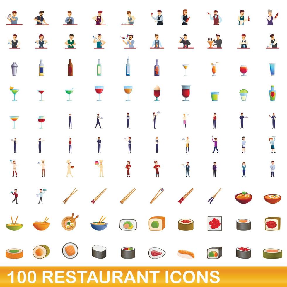 conjunto de 100 ícones de restaurante, estilo cartoon vetor