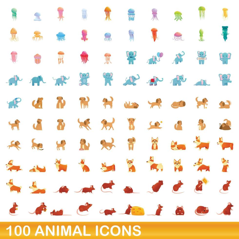 conjunto de 100 ícones de animais, estilo cartoon vetor