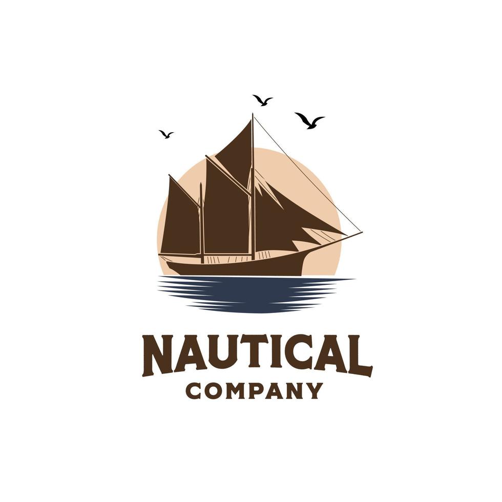 veleiro de navio clássico vintage no oceano com design de logotipo de ilustração de fundo por do sol vetor