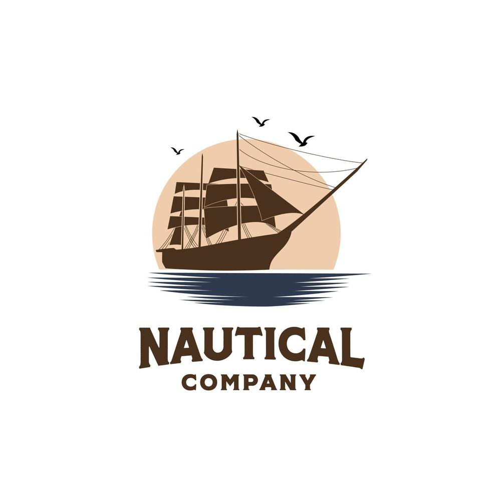 veleiro de navio clássico vintage no oceano com design de logotipo de ilustração de fundo por do sol vetor