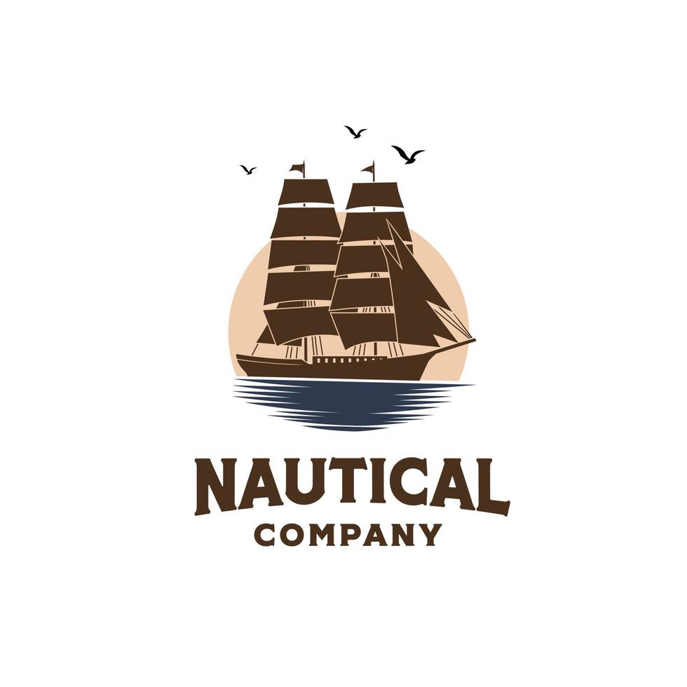 veleiro de navio clássico vintage no oceano com design de logotipo de ilustração de fundo por do sol vetor