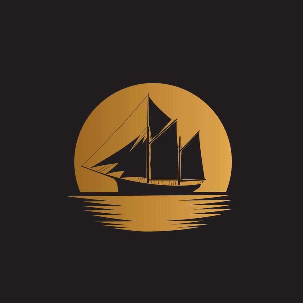 navio veleiro no oceano com design de logotipo de ilustração de fundo de lua dourada vetor