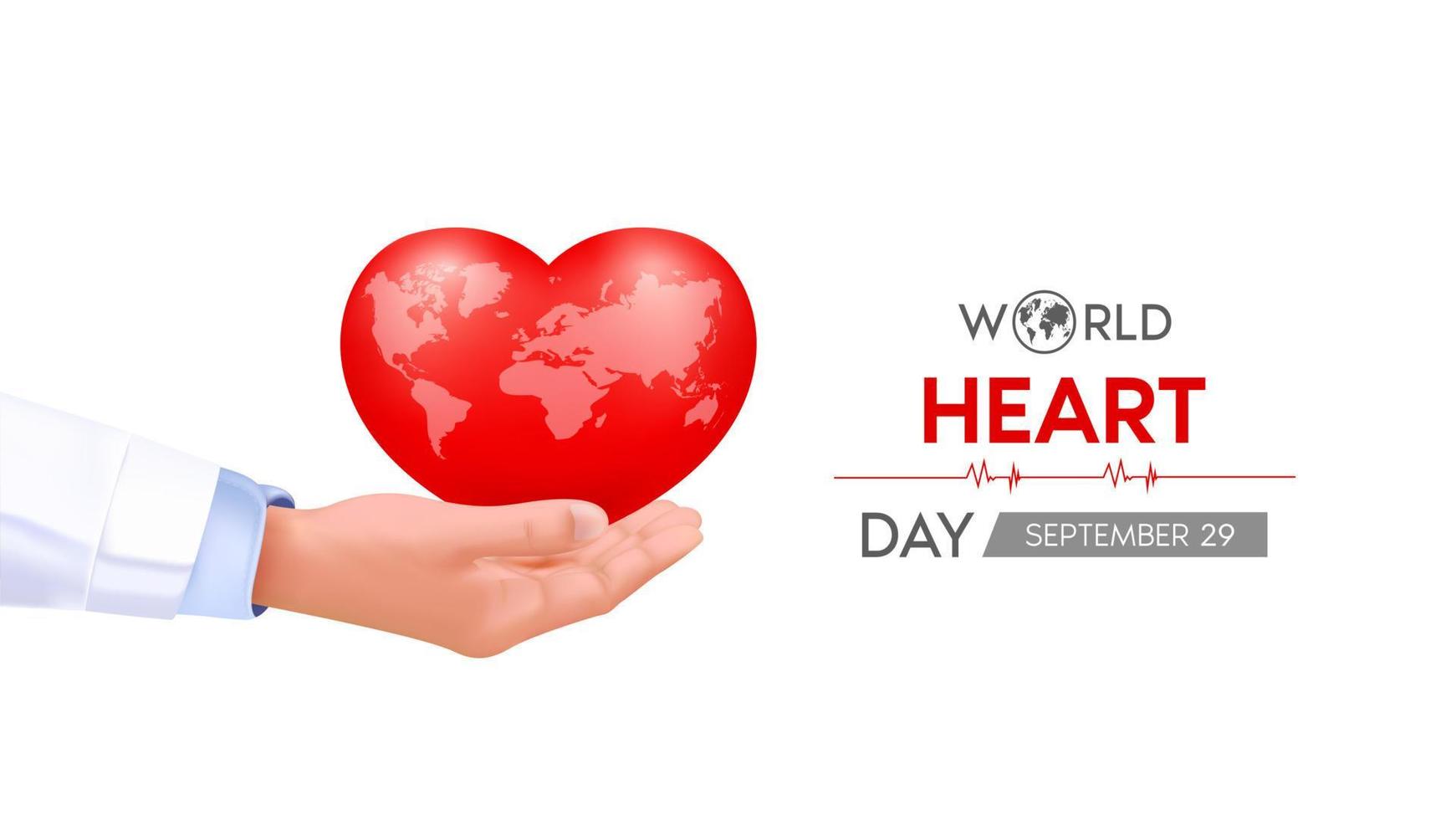 dia mundial do coração. mão de médico segurando um coração vermelho com mapa-múndi branco. bandeira abstrata do fundo do batimento cardíaco, onda do coração. ilustração em vetor 3D.